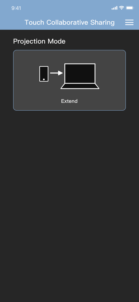 Screenshot of the Magic Switch app interface showing the Projection Mode screen with an icon representing the extension of a mobile screen to a laptop.