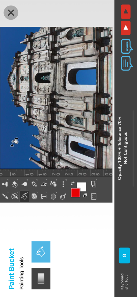 Tutorial screen for the Photoshop Paint Bucket tool in the Learn Ps Tools mobile app showing keyboard shortcuts and settings