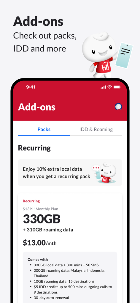 Singtel hi! - Singtel hi app interface showing monthly data plans and international roaming add-ons