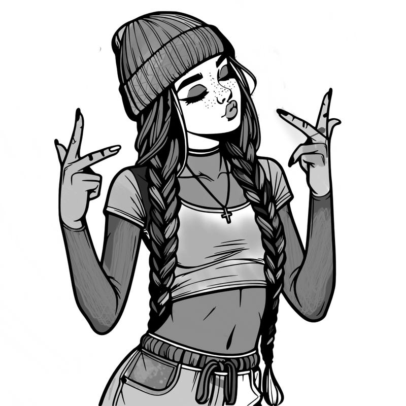 realistic teenage girl with braids and a beanie and crop top doing 🫶🏼