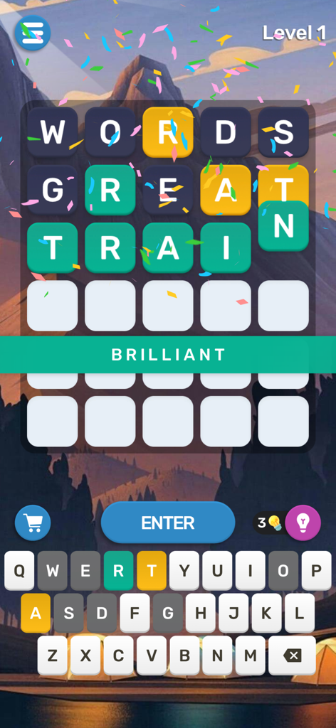 Word Mind app gameplay screen showing a successful five letter word puzzle completion with confetti celebration