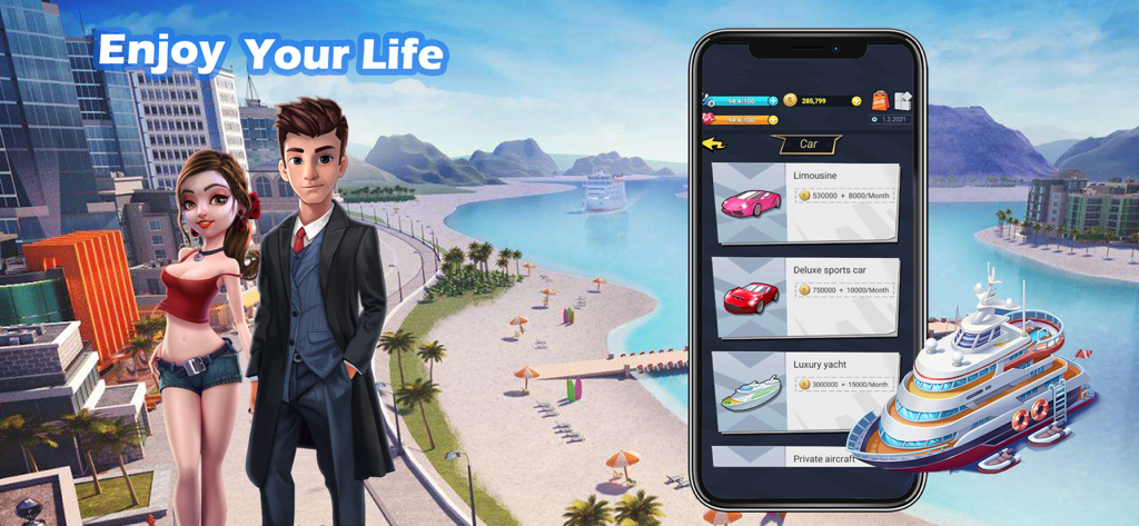 The Life - Simulator Games - Uno screenshot dal gioco simulatore The Life che mostra avatar di personaggi e un menu per acquistare auto di lusso e yacht.