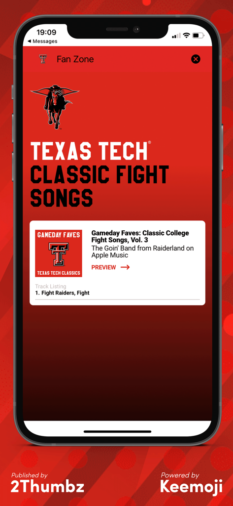 Texas Tech Official Keyboard - The Fan Zone section of the Texas Tech Official Keyboard app showing classic fight songs.