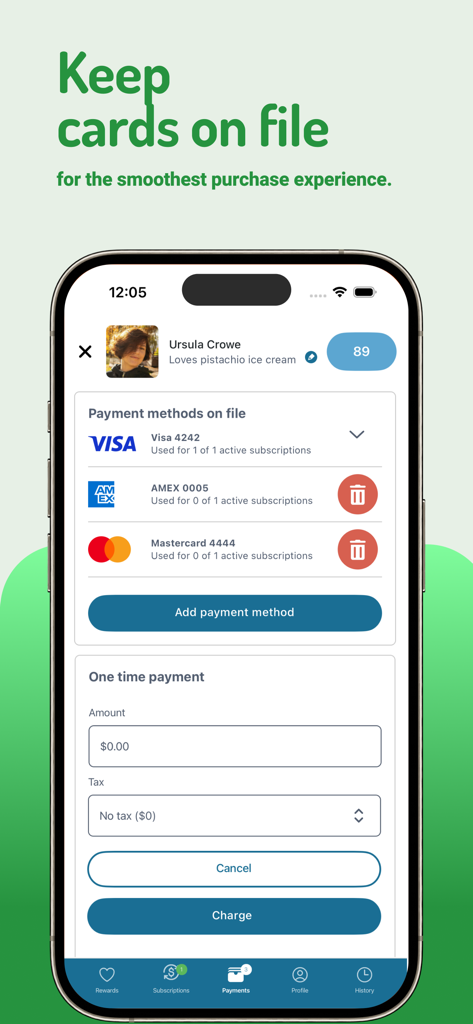 Loyalzoo for Business app interface showing stored customer payment cards and one-time payment charge options