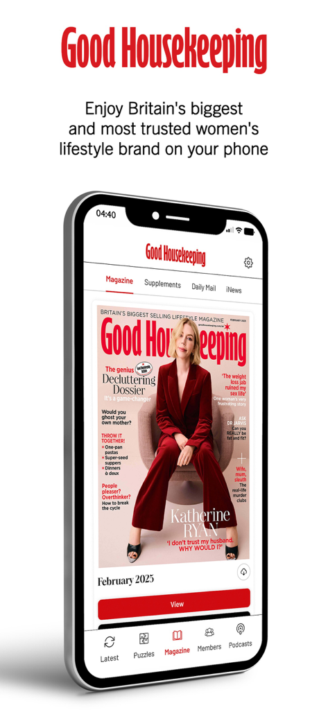 Good Housekeeping UK - Smartphone screen showing the Good Housekeeping UK app with the February 2025 magazine issue featuring Katherine Ryan on the cover