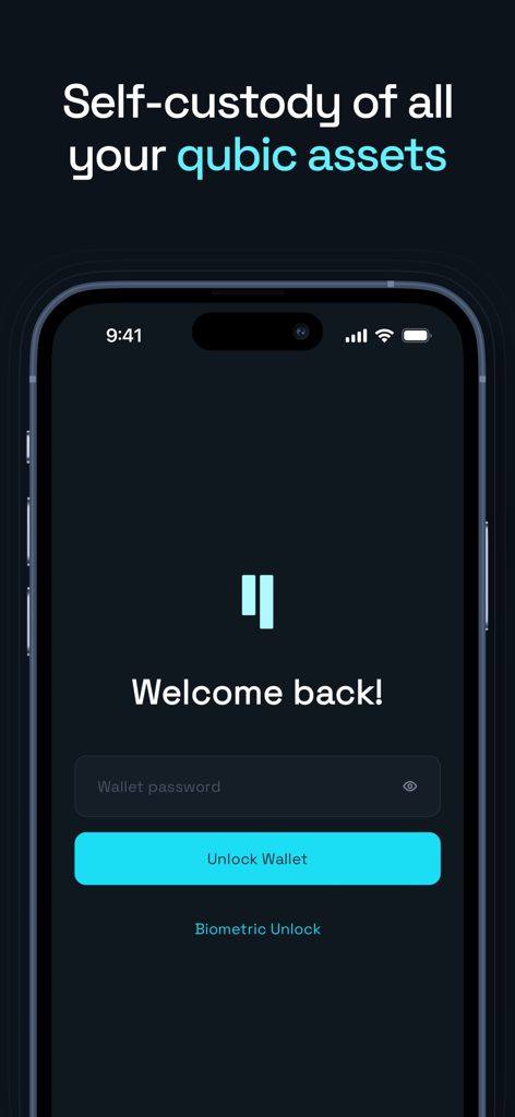 Login screen for Qubic Wallet showing password and biometric unlock options