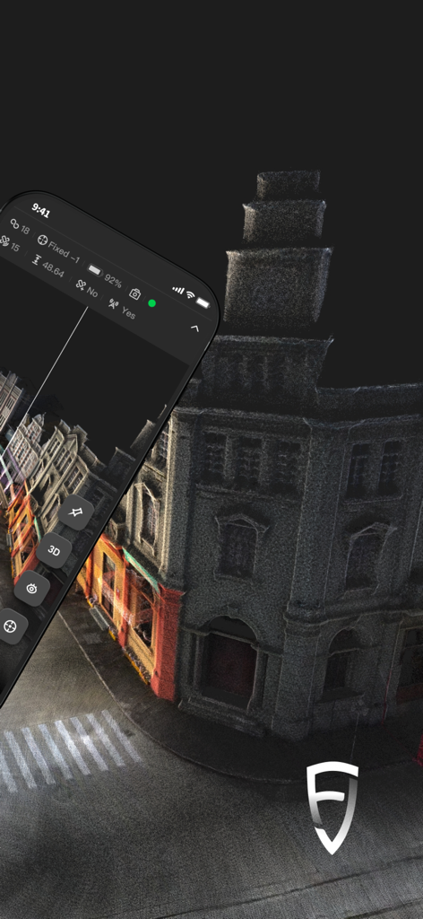 FJD Trion Scan - Real-time 3D LiDAR point cloud visualization of a building on the FJD Trion Scan mobile app