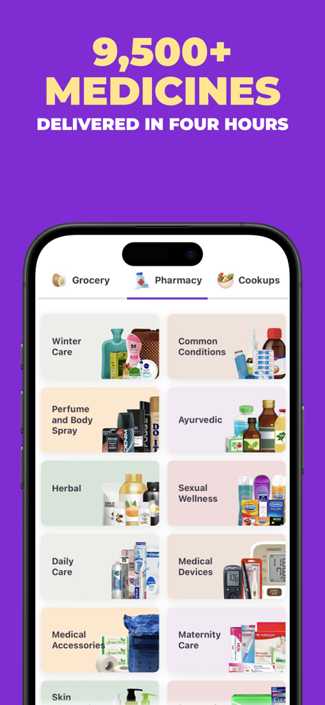 Screenshot of Chaldal app pharmacy section showing various medical categories and delivery information