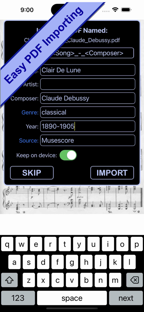 Sheet Show - Captura de pantalla de la aplicación Sheet Show mostrando la pantalla de importación fácil de PDF con campos de metadatos para título de canción, compositor y género.