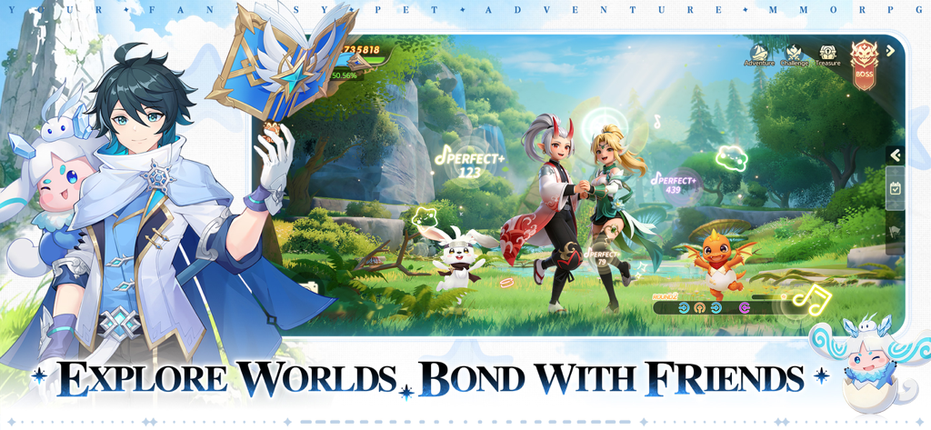 Anime characters and cute pets bonding in a lush forest world