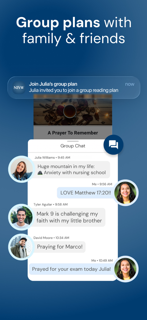 NIV Bible app screenshot showing the group plans feature with a chat interface for sharing scriptures and prayers with friends.