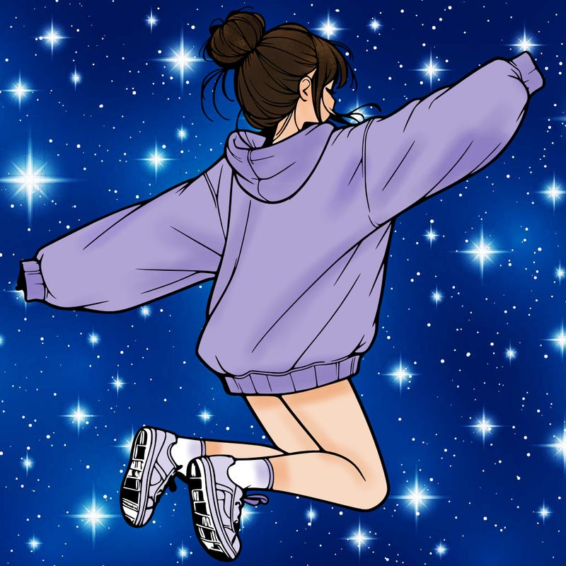 realistic girl jumping with a bun and oversized sweatshirt