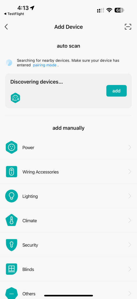 The Add Device screen in the Grid Connect app showing auto scan and manual setup categories for smart home devices