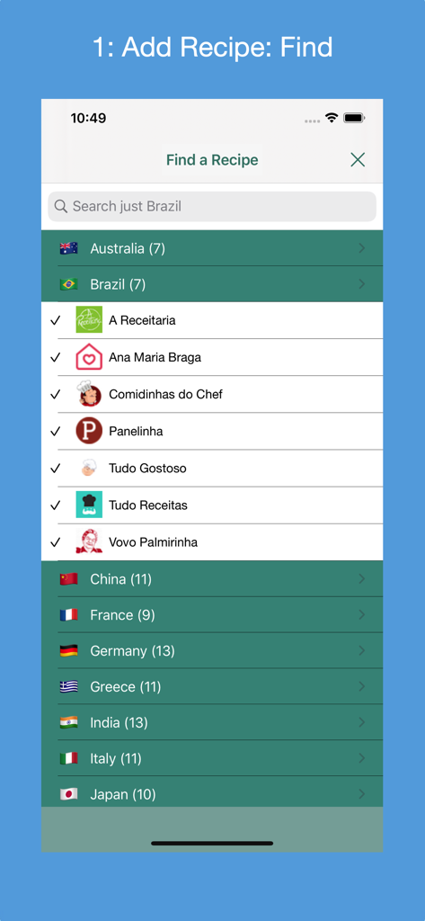 Find a Recipe screen in Recipe Collector showing a list of supported recipe websites from various countries