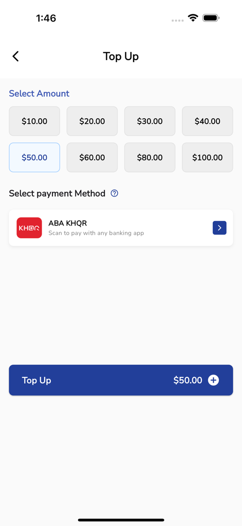 RTDC App - RTDC App top up interface with amount selection and payment method