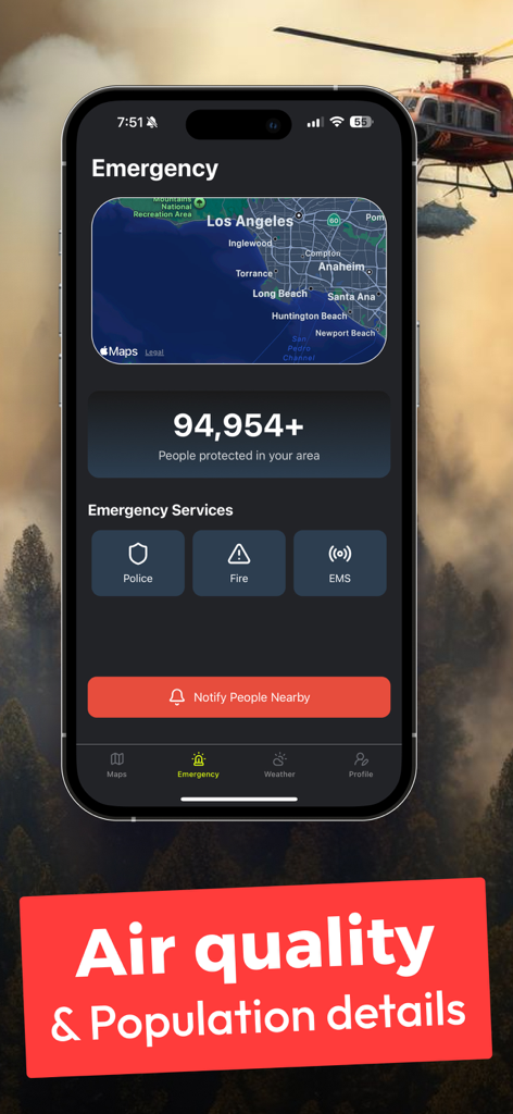 Wildfire app screen showing emergency services map and population details for the Los Angeles area.