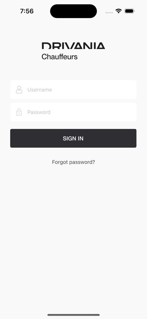 Pantalla de inicio de sesión de Acceso de Conductores Drivania con campos de nombre de usuario y contraseña para chóferes profesionales