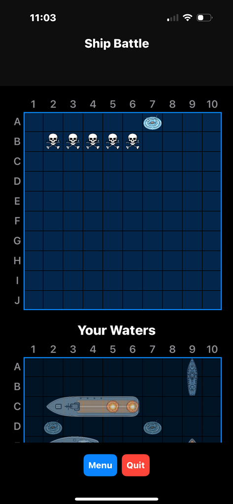 Offline MultiPlayer Games - Gameplay screenshot of Ship Battle showing two naval combat grids and game controls