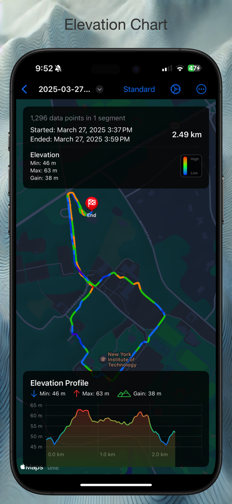 GPXExplore: GPX Track Viewer - GPXExplore app showing a color coded track on a map and an elevation profile chart on an iPhone screen