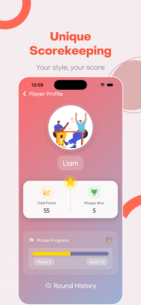 Phase 10 Scoreboard - Player profile screen in Phase 10 Scoreboard showing points and phase progress