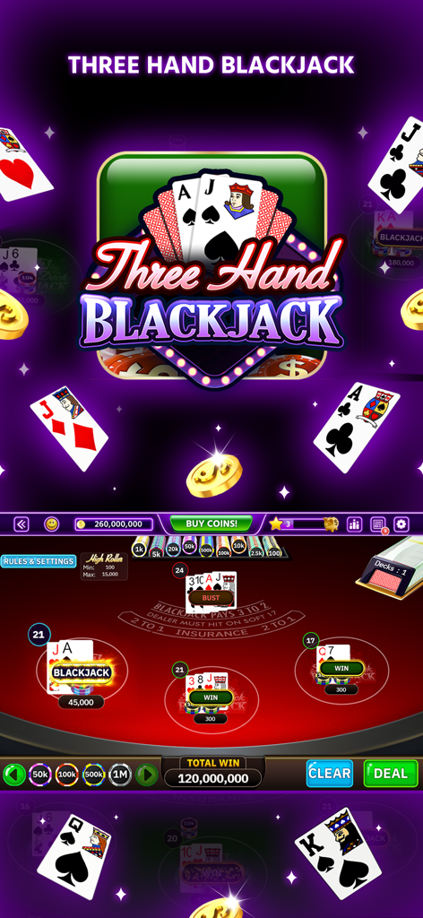 Lucky North Casino Games - Three Hand Blackjack gameplay screen in Lucky North Casino showing winning hands and chips