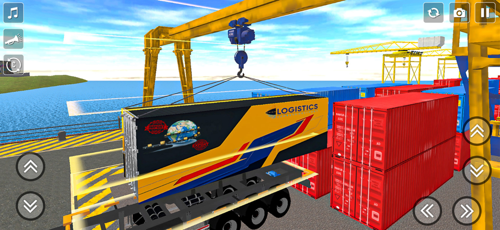 Cargo Truck Games Simulator 3D - A crane loading a logistics container onto a truck trailer at a port in a 3D simulation game