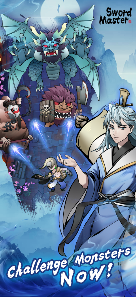 Sword Master-Wuxia Roguelike - Un personnage Wuxia aux cheveux bleus face à plusieurs monstres mythiques dans une illustration de jeu d'action RPG.
