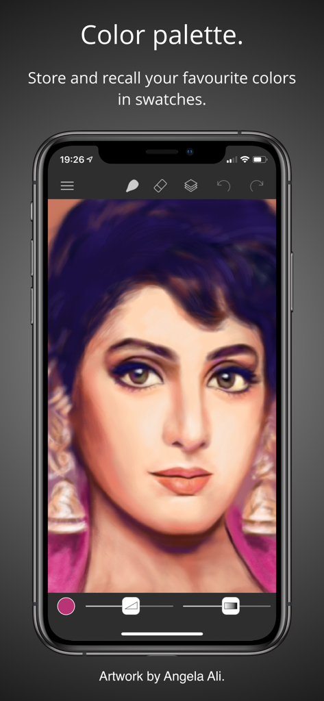 Brushes - Digital portrait of a woman in the Brushes 4 app interface on iPhone showing the color palette feature