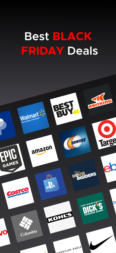 Grade de logotipos de grandes varejistas dos EUA, incluindo Amazon, Walmart e Target para promoções da Black Friday.