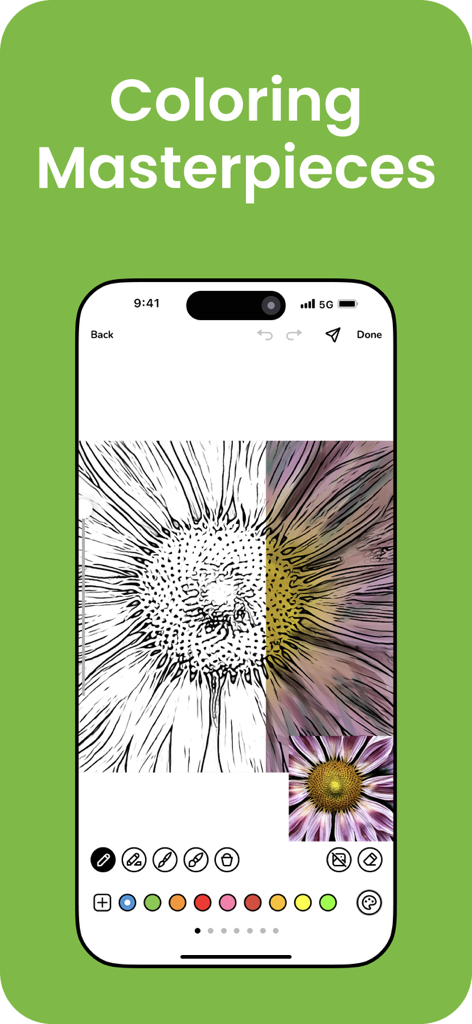 Interfaccia dell'app Colorscape che mostra una foto di un fiore convertita in una pagina da colorare digitale con vari strumenti artistici