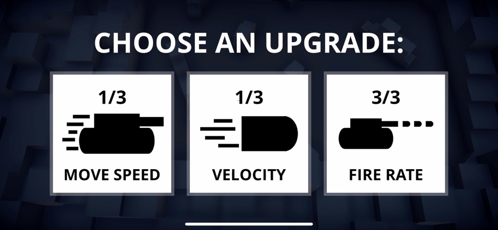 Tiny Tanks game upgrade menu showing options for move speed velocity and fire rate