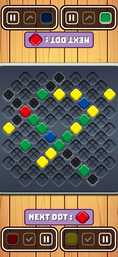 TableTop BoardGame - Una interfaz de juego de mesa de estrategia digital que muestra un puzzle lógico estratégico con fichas cuadradas de colores sobre un fondo de madera.