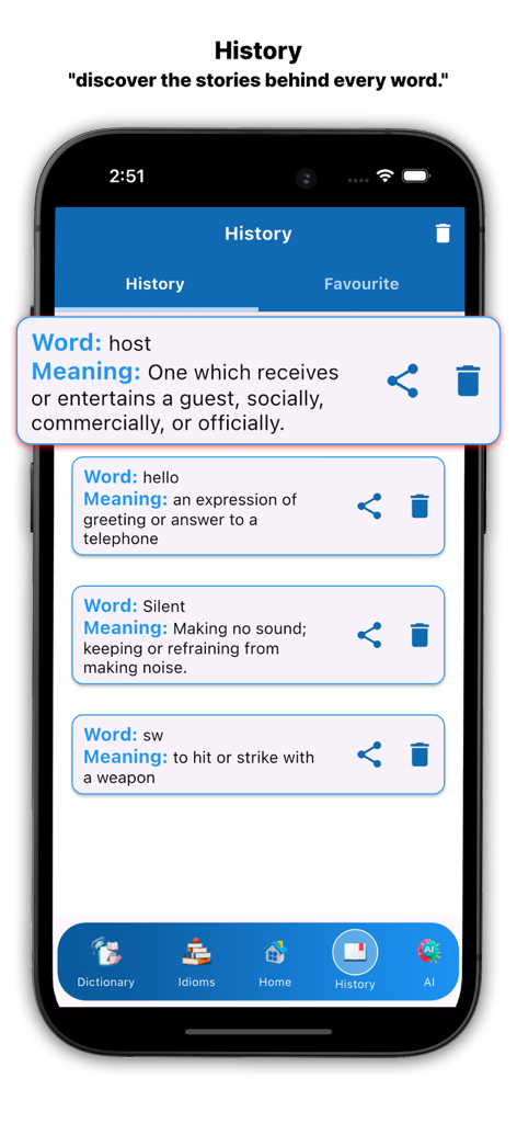 Screenshot of the search history screen in the AI English Dictionary app showing a list of recently viewed words and their definitions.