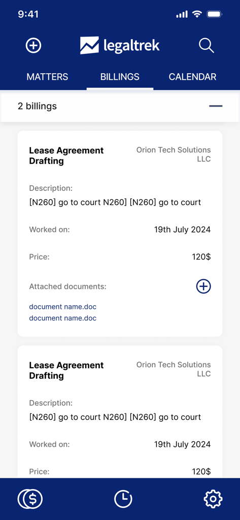 LegalTrek mobile - LegalTrek mobile app billing dashboard showing billable hours and lease agreement drafting entries