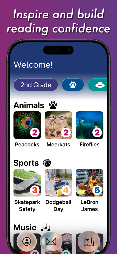 Educational reading library in Spark Reading for Kids app with categories for animals and sports