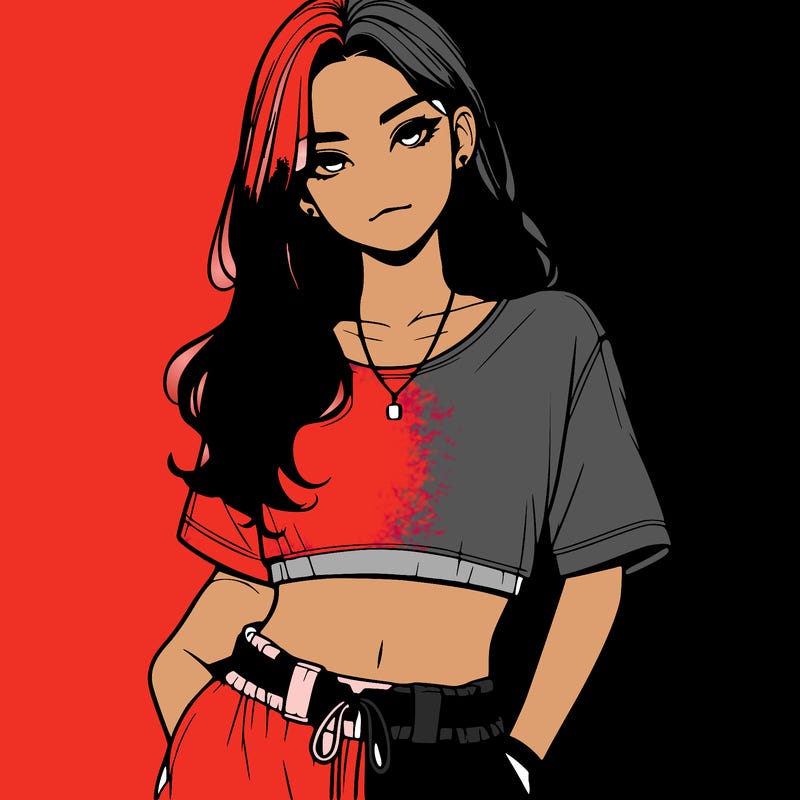 realistic girl witha crop top and baggy pants