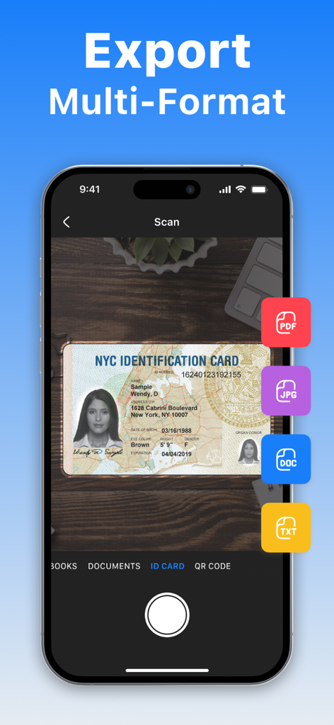 PDF、JPG、DOC、TXTを含む複数のエクスポートオプションでIDカードをスキャンするモバイルPDFドキュメントスキャナーアプリのインターフェース