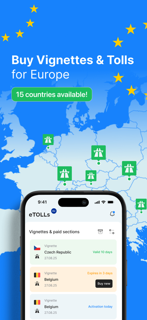 eTOLLs EU: Digital Vignettes - eTOLLs EU mobile app screen displaying European vignettes and road toll map