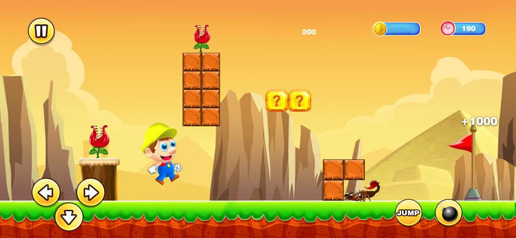 Bob World: Super Bro Run Game - Bob World Super Bro Run gameplay showing a character jumping in a desert level with platforming elements