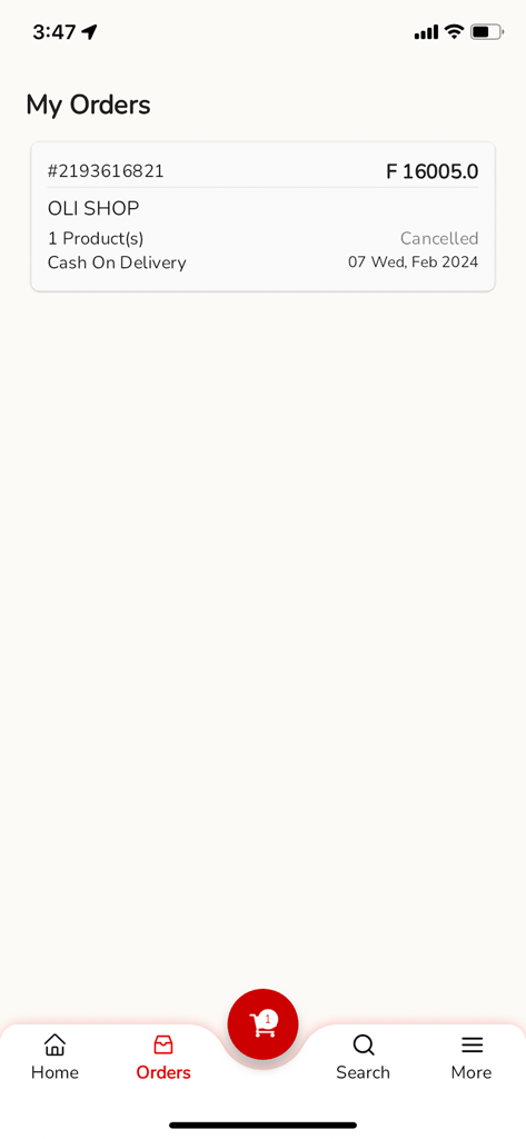 Yugo - Interface do aplicativo Yugo mostrando a tela meus pedidos com um pedido de compras cancelado de um comerciante local