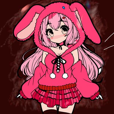 pretty anime girl wearing a fluffy hoodie with bunny ears on the hood and a skirt