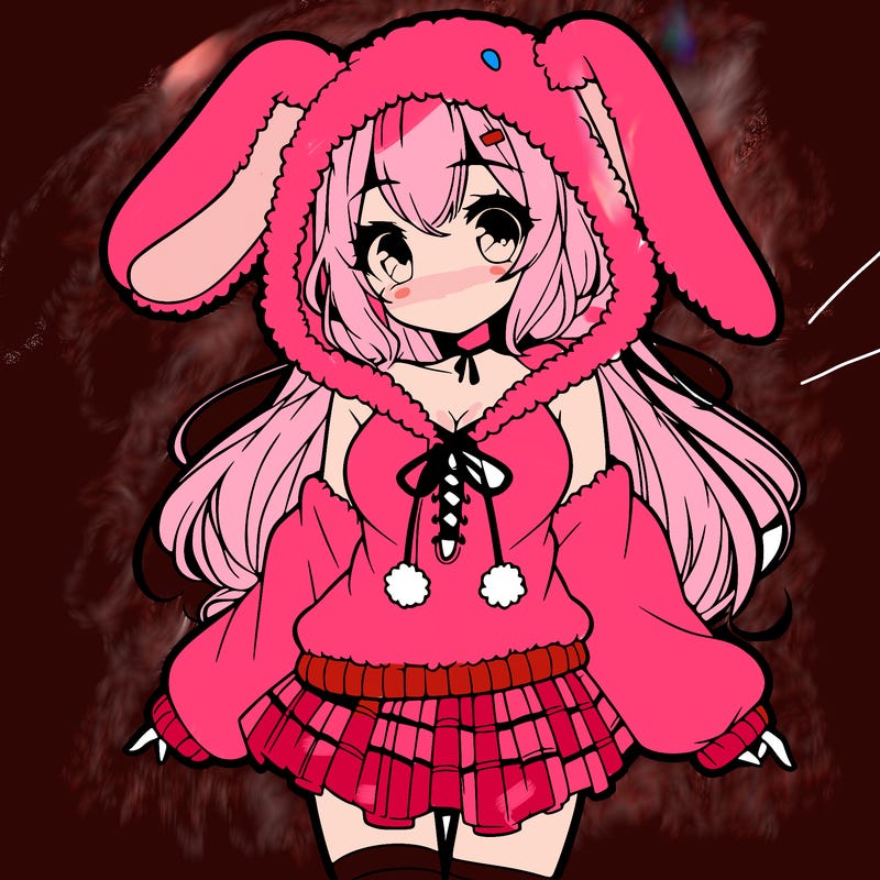 pretty anime girl wearing a fluffy hoodie with bunny ears on the hood and a skirt