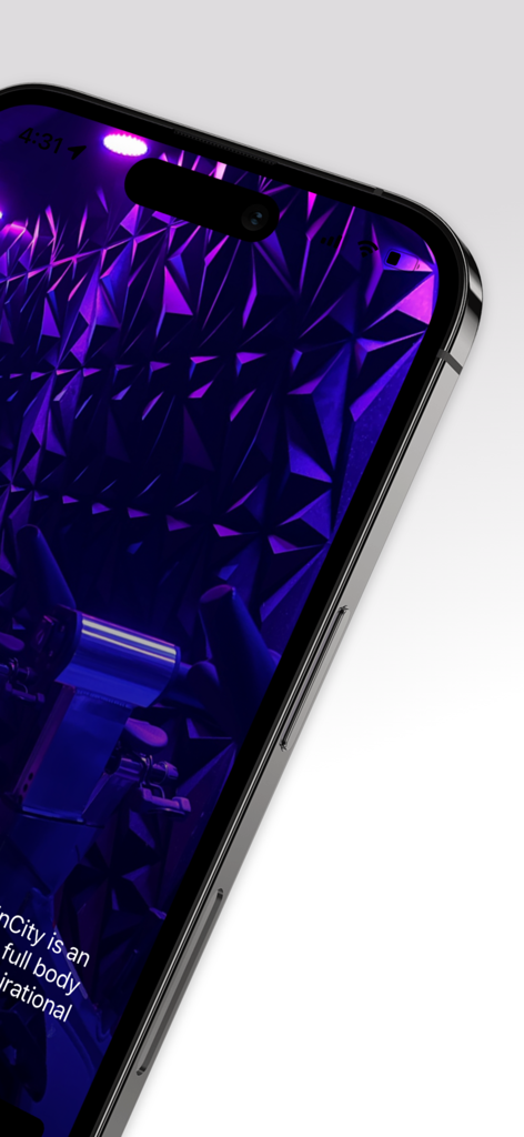SpinCity 11762 - Mobile phone screen showing the SpinCity 11762 app with a purple lit indoor cycling studio and geometric wall design