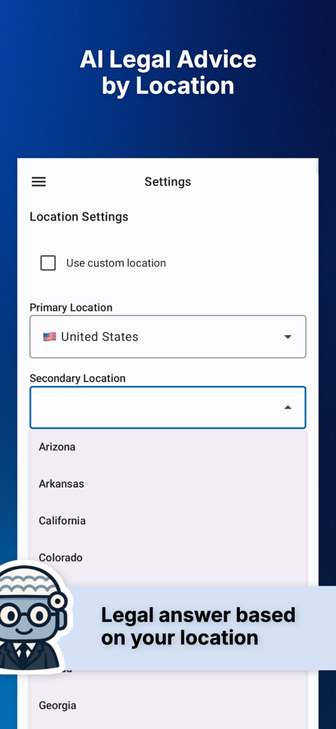 AI Reads Law: Legal Assistant - 場所に基づいた法的アドバイスを得るために、米国の主要および二次的な法的管轄区域を選択するための設定画面。