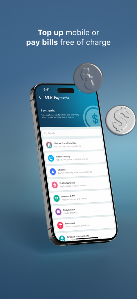 Pantalla de smartphone de la aplicación ABA Mobile Bank mostrando el menú de pagos para facturas y recargas móviles