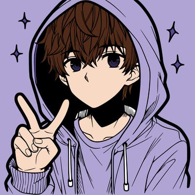 teenage manga boy in a hoodie, doing ✌