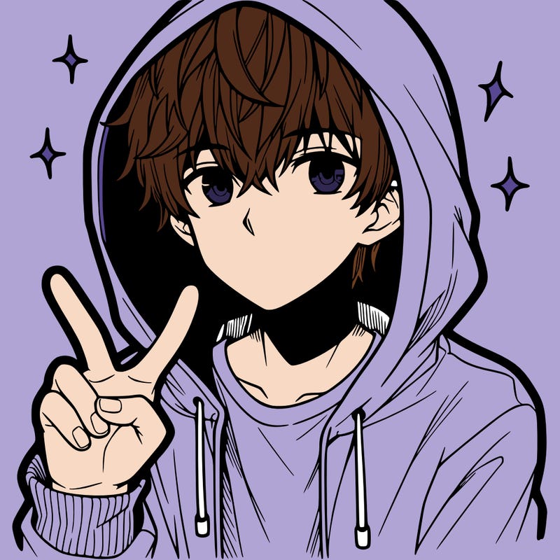 teenage manga boy in a hoodie, doing ✌