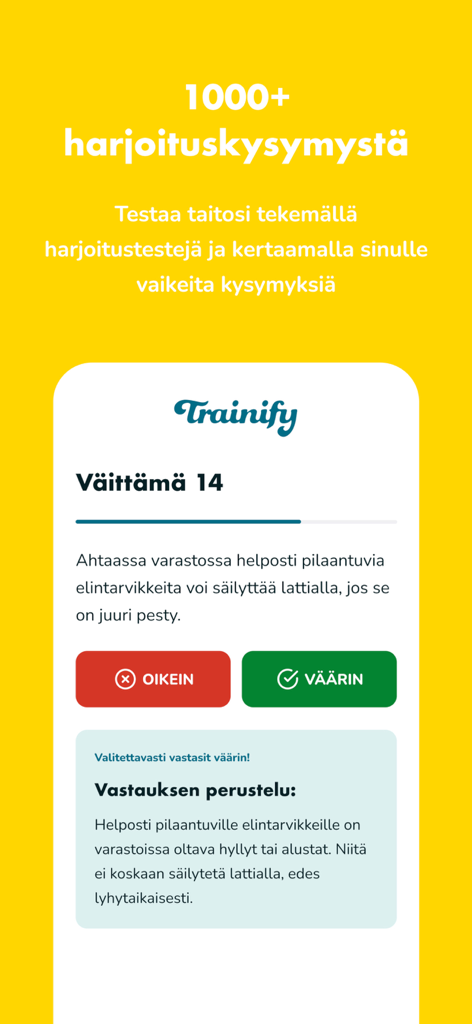 Trainify - Una captura de pantalla de la aplicación Trainify que muestra una pregunta de práctica y explicación para el examen de pase de higiene