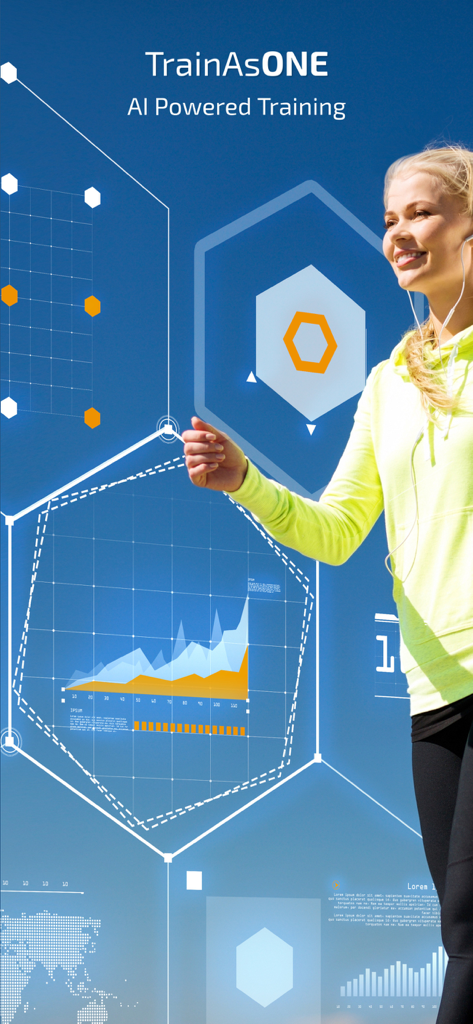 TrainAsONE- AI Running Plans - A woman runner with futuristic AI performance charts and graphs overlay