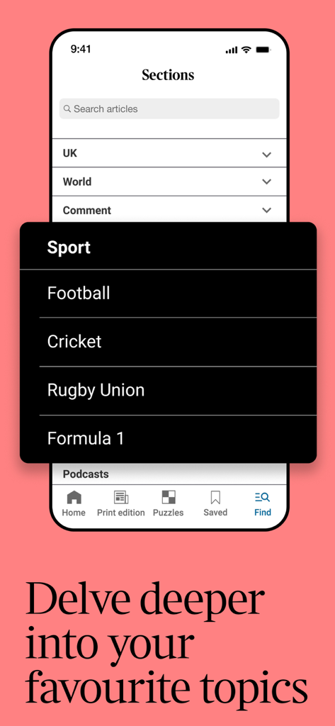 La interfaz de la aplicación The Times que muestra una lista de secciones de noticias y categorías deportivas específicas como Fútbol y Cricket